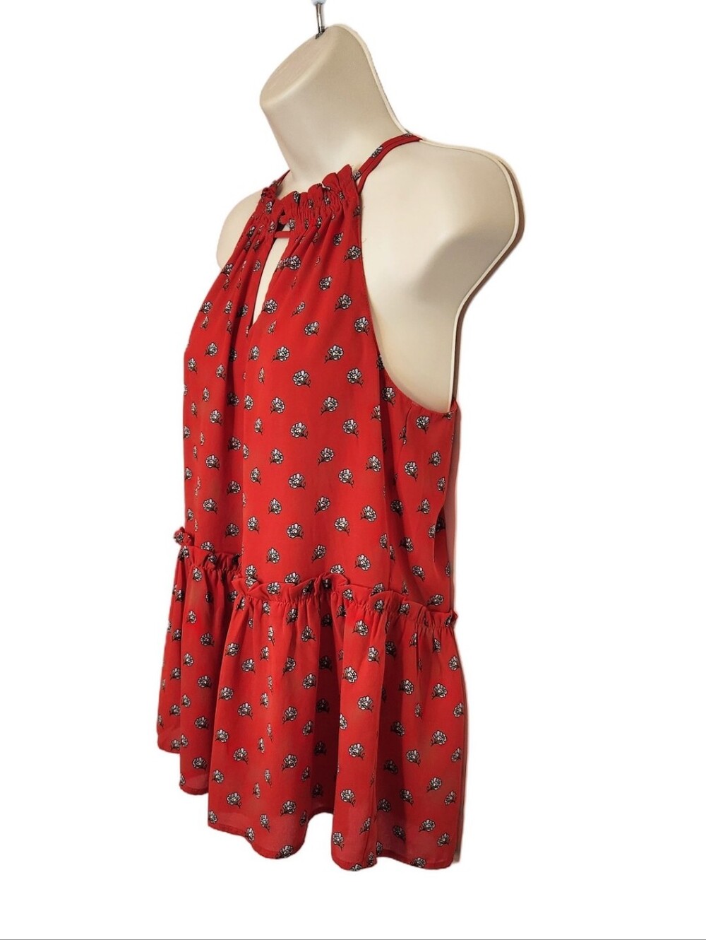 Loft Tiny Floral Shirred Keyhole Halter Sleeveless Red/White Peplum Top Medium - Picture 3 of 8